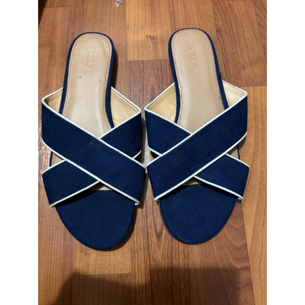 J.Crew Criss Cross Slides Sandals Flats Navy Blue White Trim Size 10